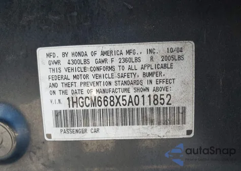 2005 Honda Accord 3.0 Ex из США, поврежденный, VIN 1HGCM668X5A011852